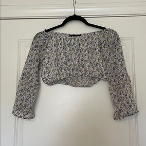 FOR LOVE AND LEMONS off shoulder purple and blue floral long sleeve crop top